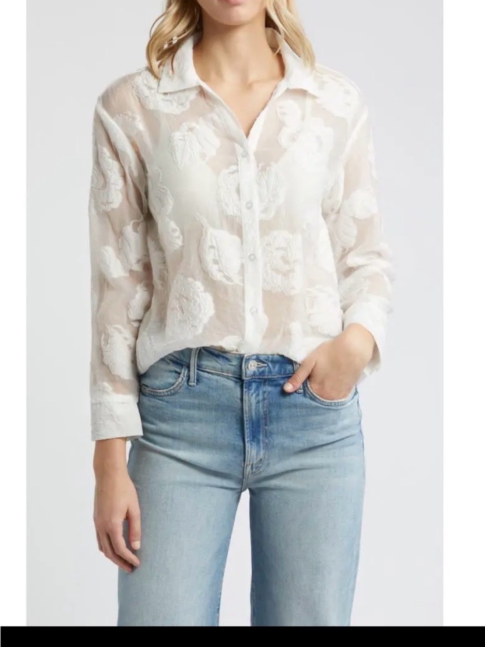 Women's White Sheer Floral Button-Down Shirt